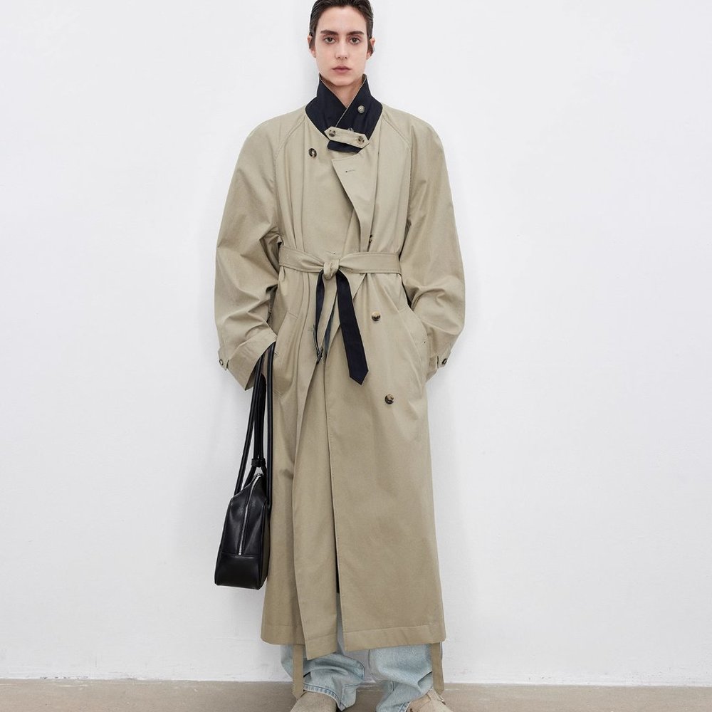 CHICJOC Two-Tone Notched Collar Oversized Trench Coat Rose Silk Lining